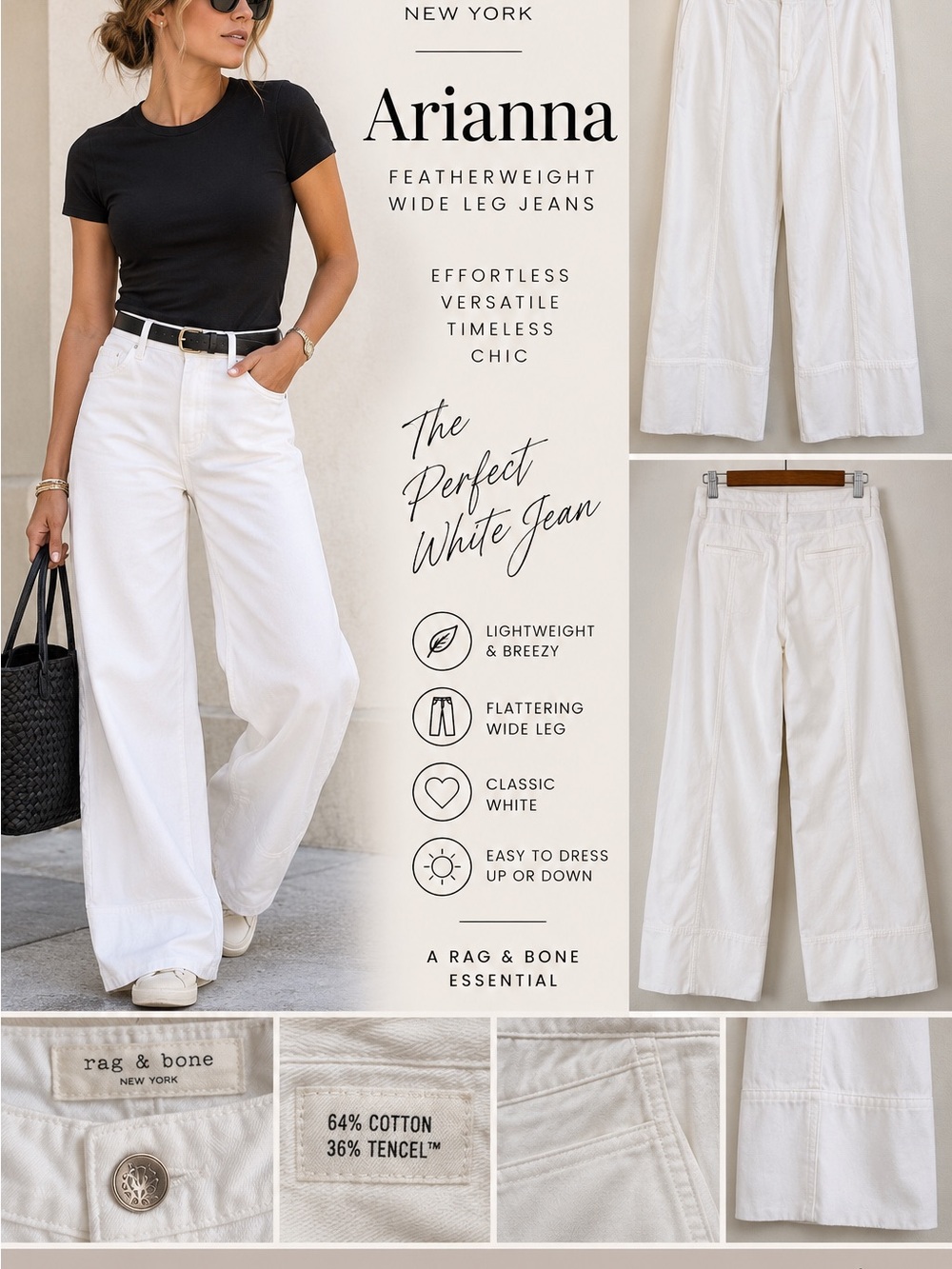 Rag & Bone Featherweight Arianna High-Rise Wide-Leg Jeans White Size 29
